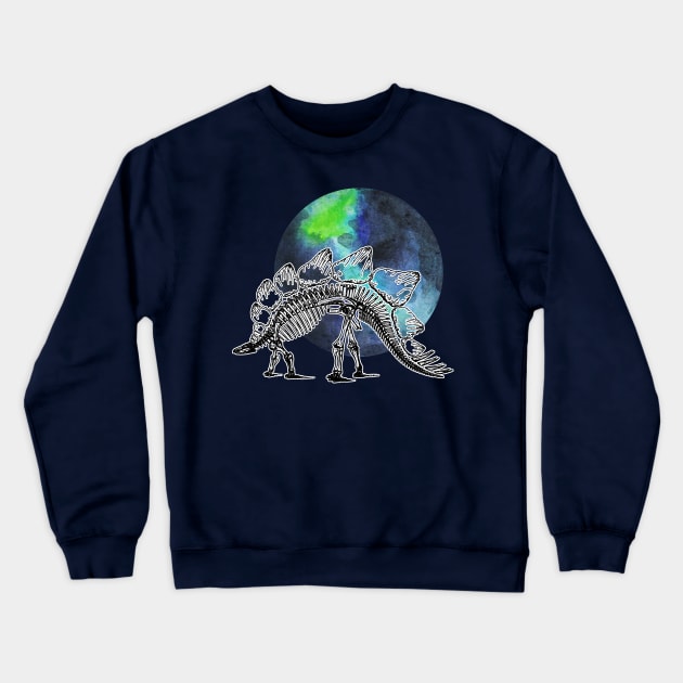 Dinosaur Skeleton in Space Blue Green Planet Crewneck Sweatshirt by chimakingthings